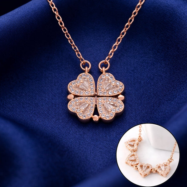 Zircon Heart Magnetic Clover Necklace - Rose Gold