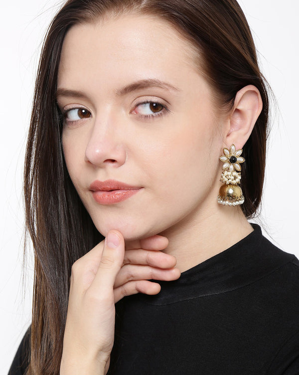 Golden & Off-White Beaded Jhumka Earrings