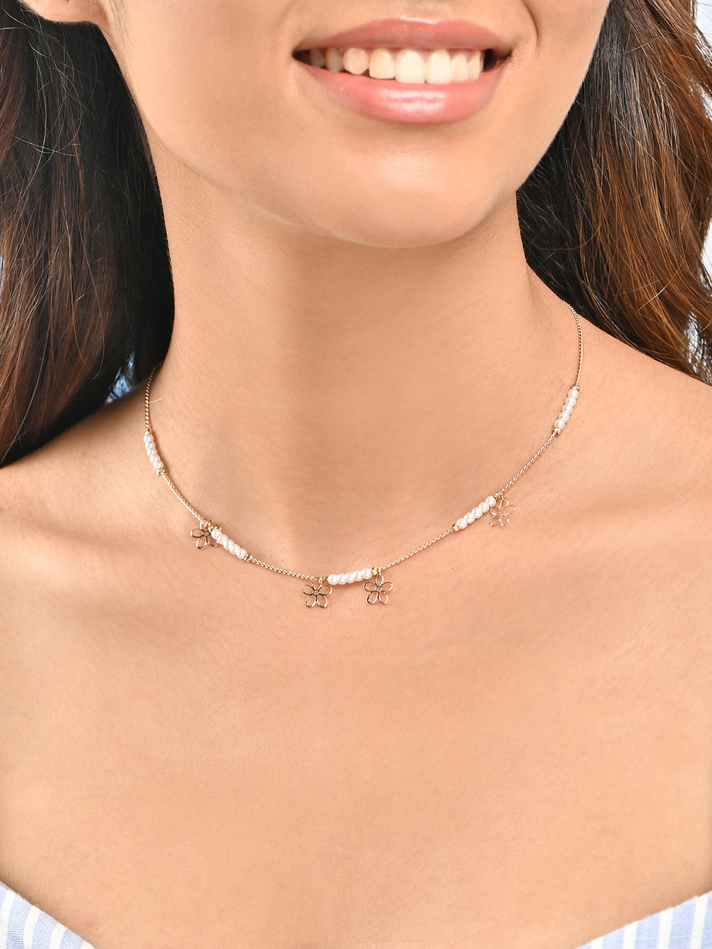 Floral Charm & White Beaded Delicate Gold Necklace