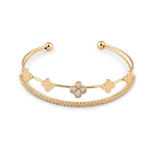 Gold-Toned CZ Clover Floral Cuff Bracelet