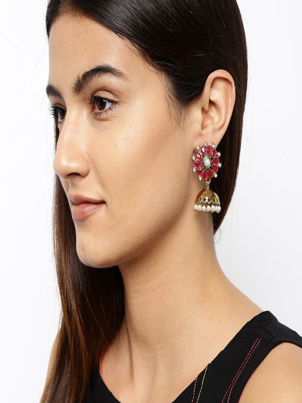 Pink & Gold-Toned Floral Handcrafted Jhumkas