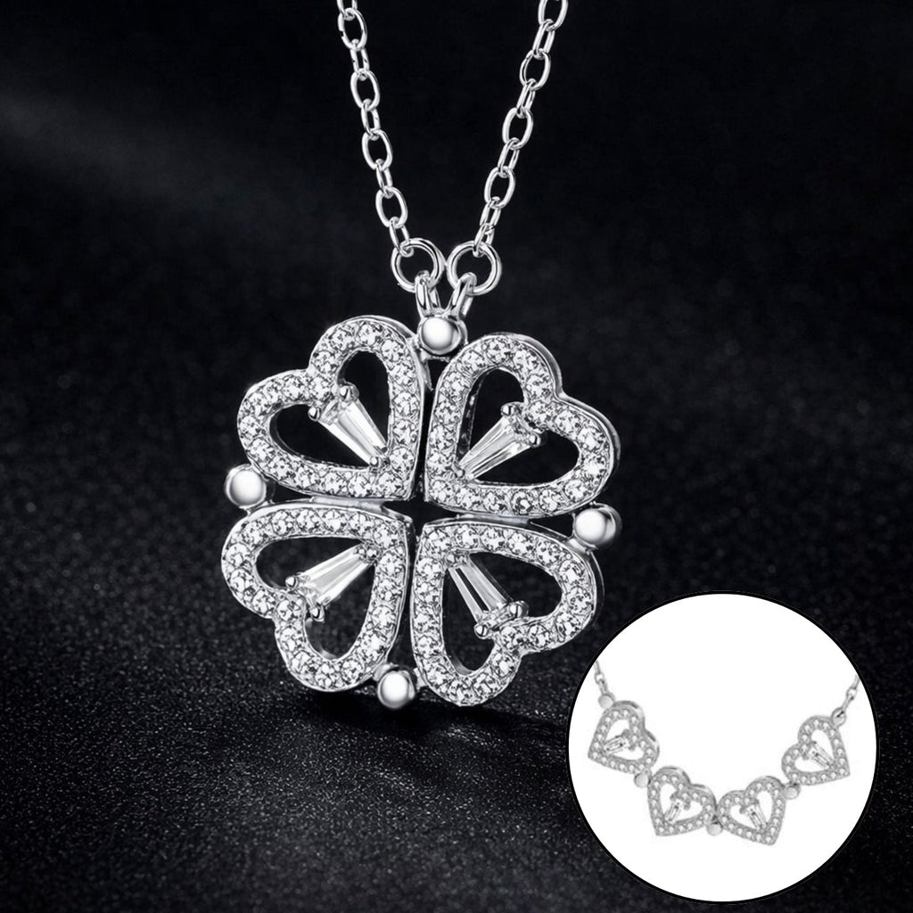 Zircon Heart Magnetic Clover Necklace - Silver