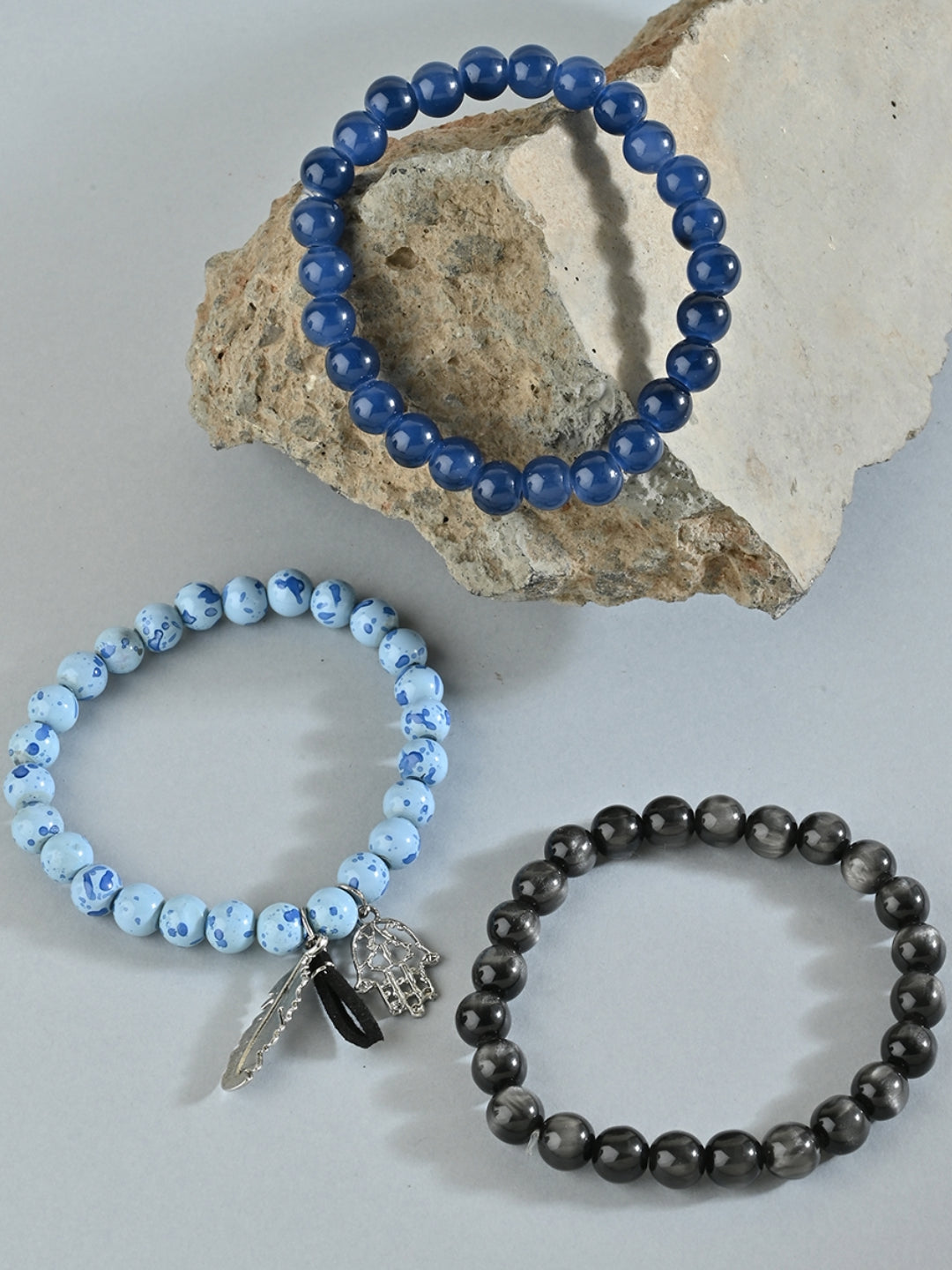 Set of 3 Blue & Black Beaded Bracelet Set