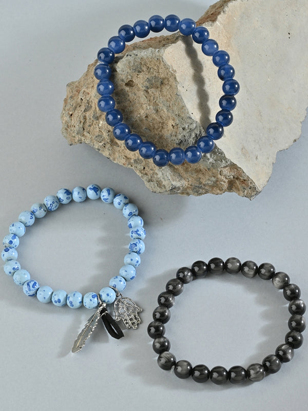Set of 3 Blue & Black Beaded Bracelet Set