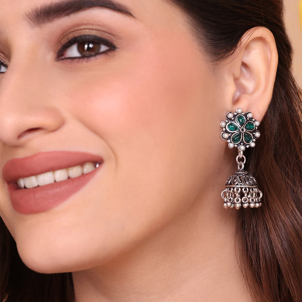Silver Green & Pearl Jhumka Earrings