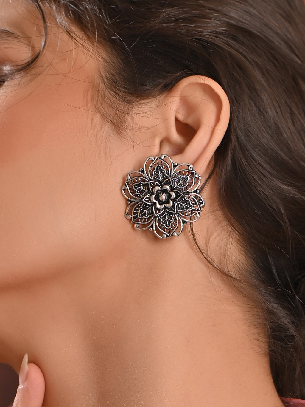 Floral Silver Oxidised Stud Earrings
