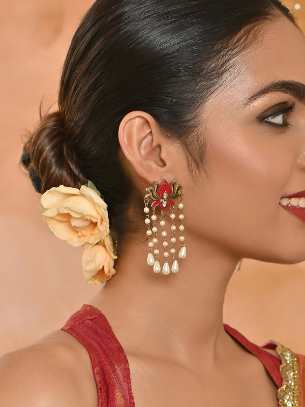 Padma-Raagini Fuschia Pearl Tasselled Floral Drop Earrings