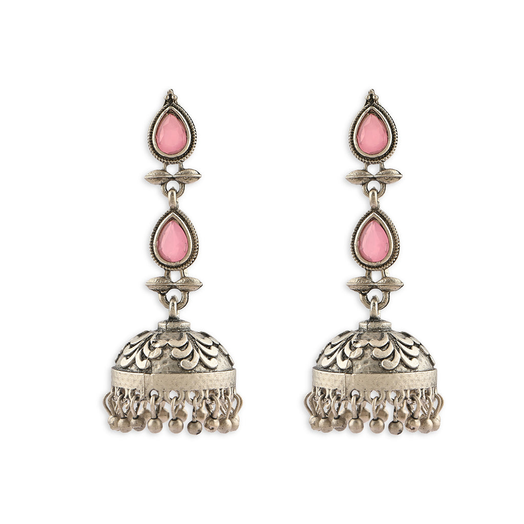 Oxidised Silver Pink Stone Drop Earring