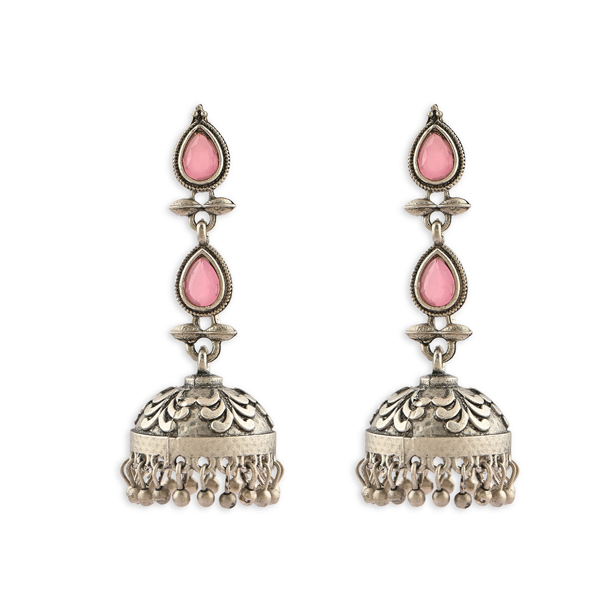 Oxidised Silver Pink Stone Drop Earring
