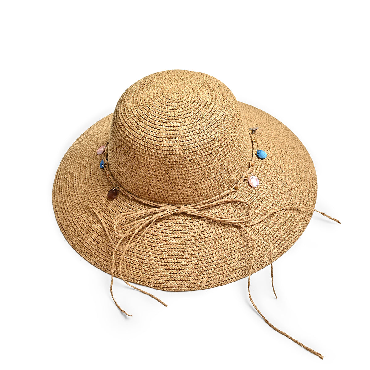 Brown Woven Straw Sun Hat with Multicolour Charms