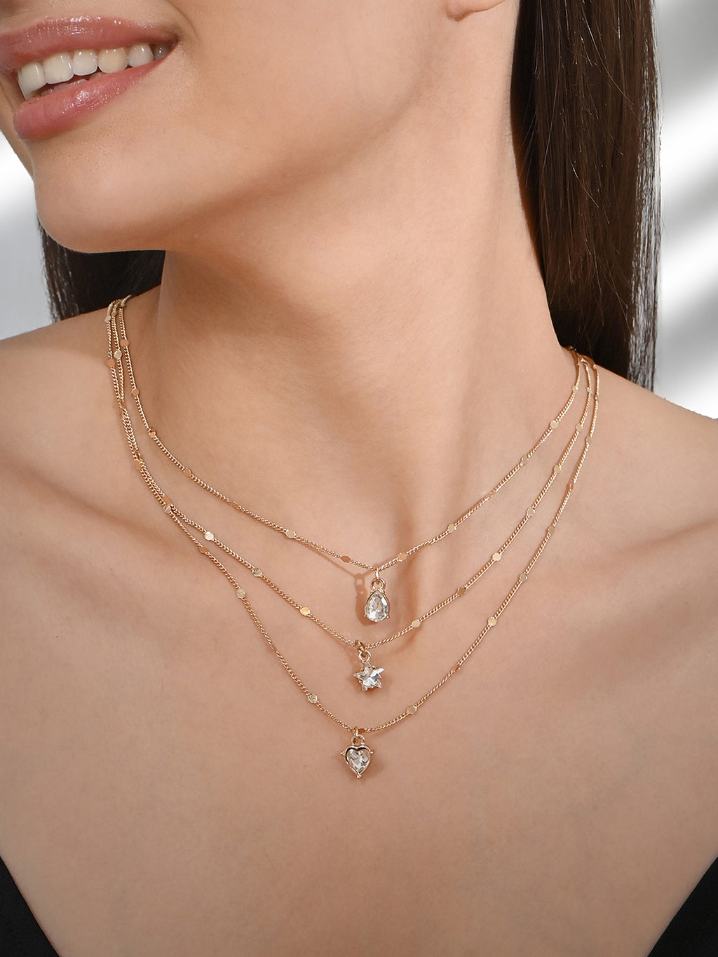 CZ Accent Gold 3 Layered Necklace
