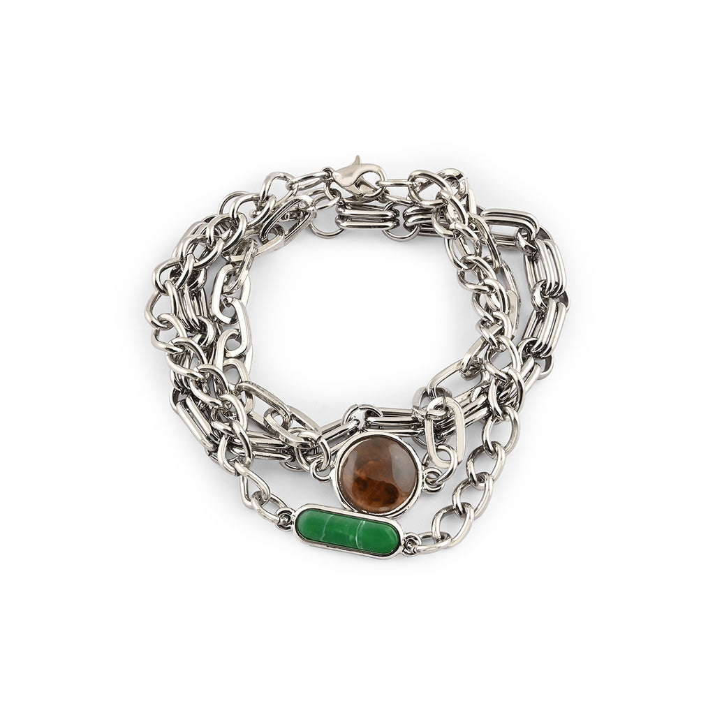 Set of 3 Silver-Toned Chain Link Bracelets with Brown & Green Stones