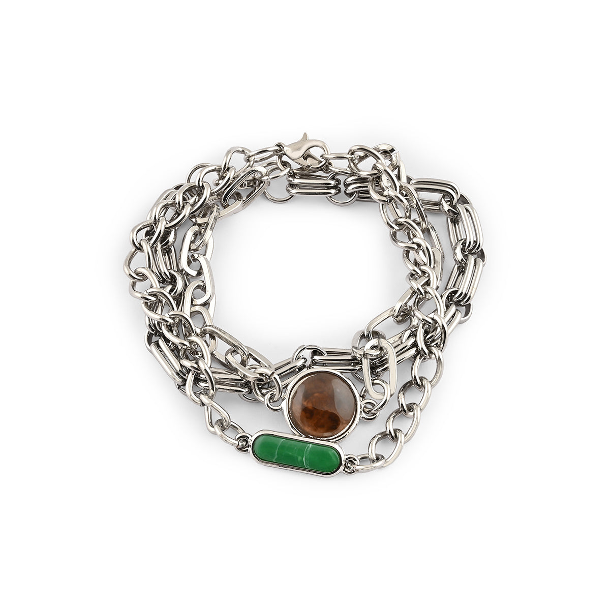 Set of 3 Silver-Toned Chain Link Bracelets with Brown & Green Stones
