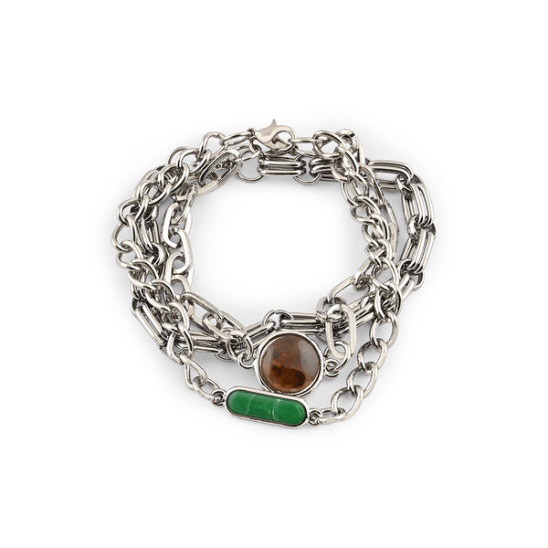 Set of 3 Silver-Toned Chain Link Bracelets with Brown & Green Stones