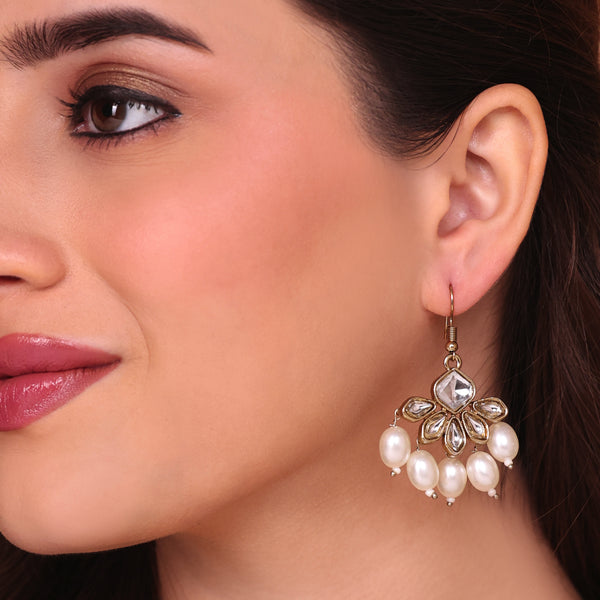 Ethnic Kundan & Pearl Golden Dangler Earrings