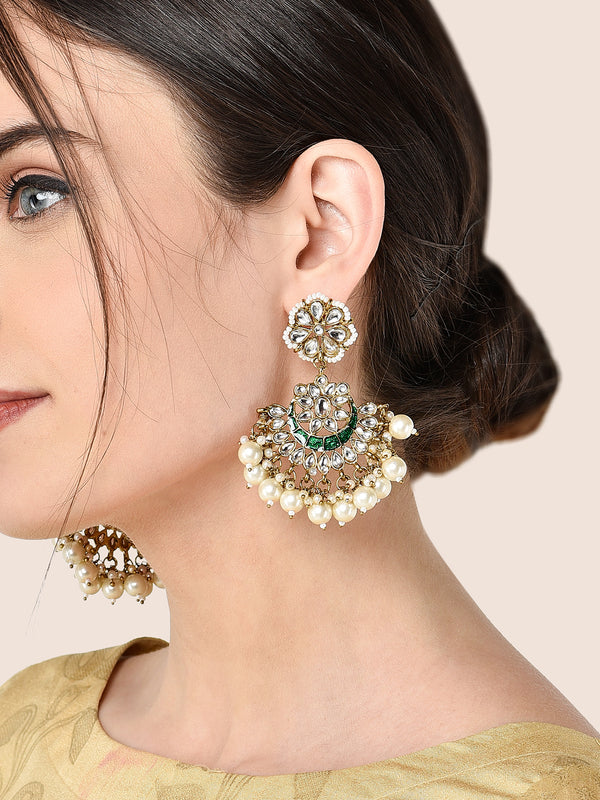 Golden Green Kundan Studded Contemporary Chandbalis
