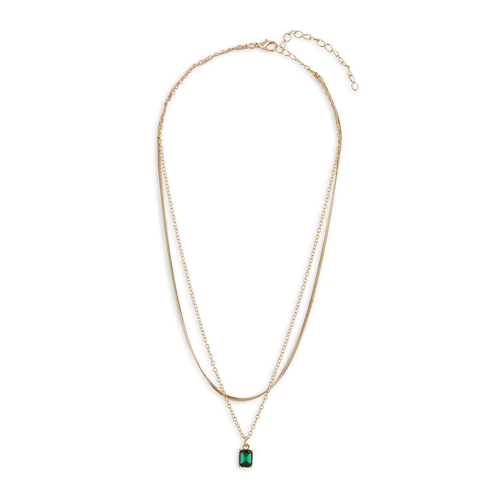 Golden Layered Necklace with Green Square AD Pendant
