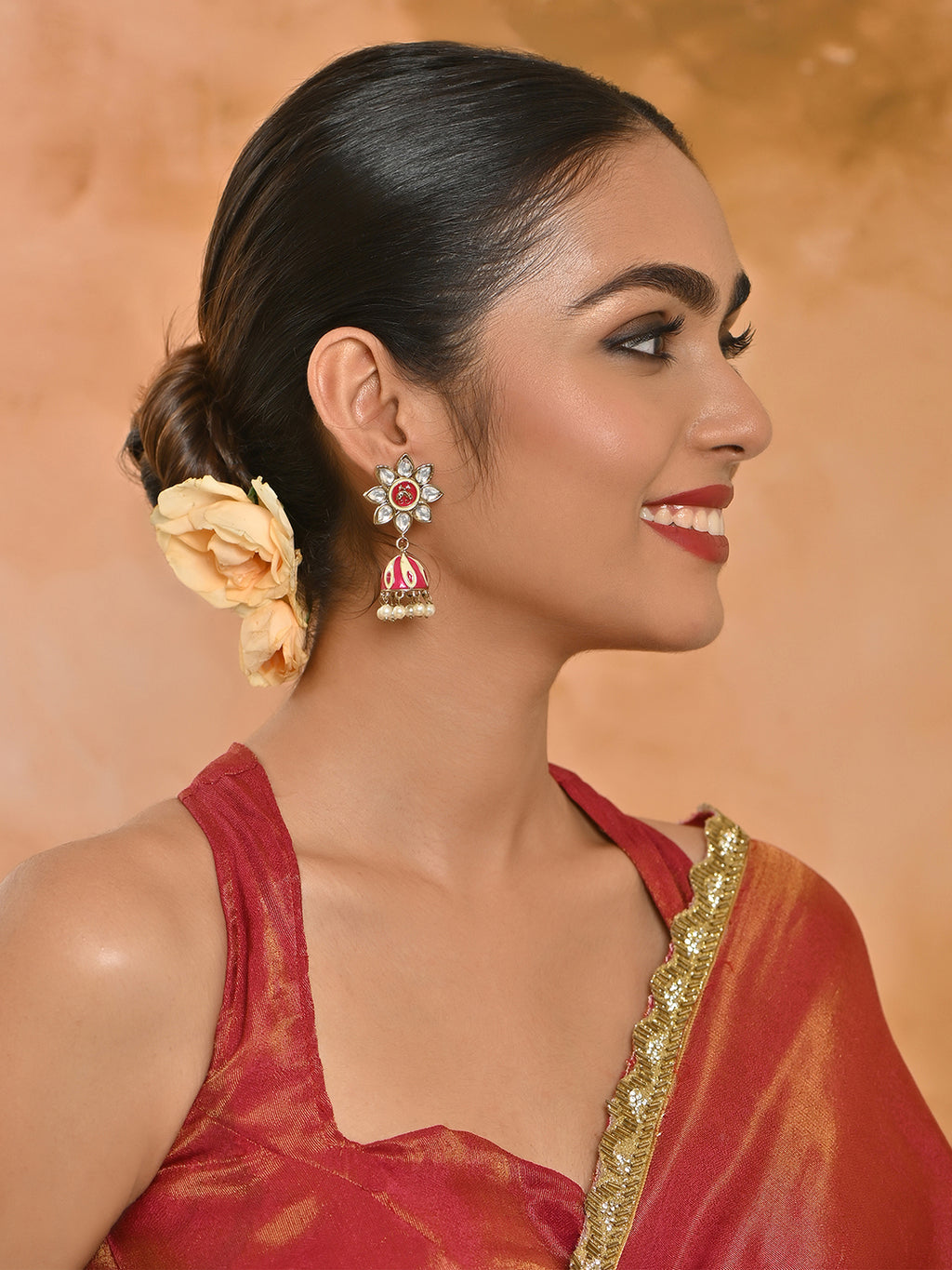 Gulnoor Handcrafted Meenakari Floral Pink & White Stone Jhumkas