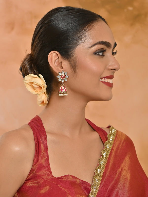 Gulnoor Handcrafted Meenakari Floral Pink & White Stone Jhumkas