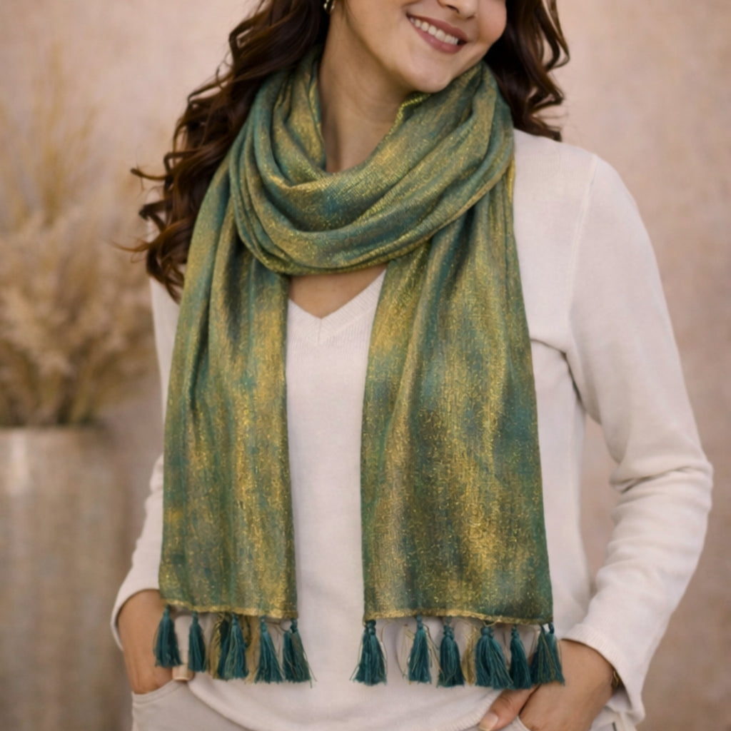 Lustrous Green & Golden Shimmering Scarf