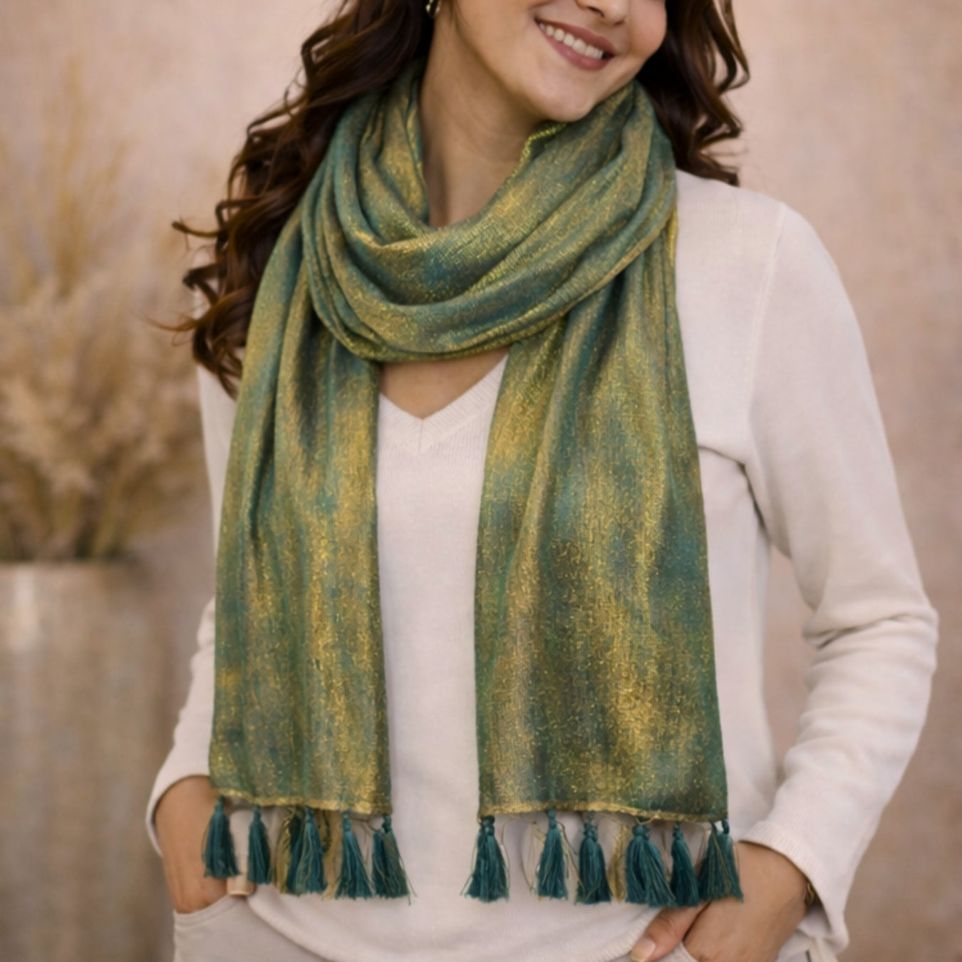 Lustrous Green & Golden Shimmering Scarf