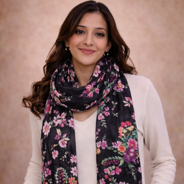 Dark Base Multicolor Floral Print Scarf