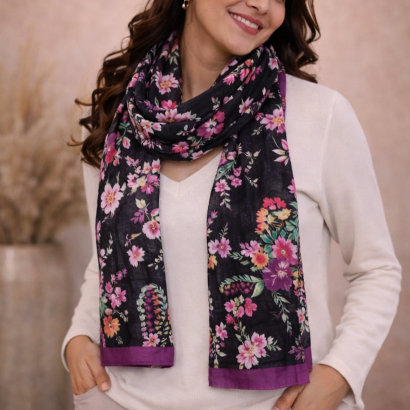 Dark Base Multicolor Floral Print Scarf