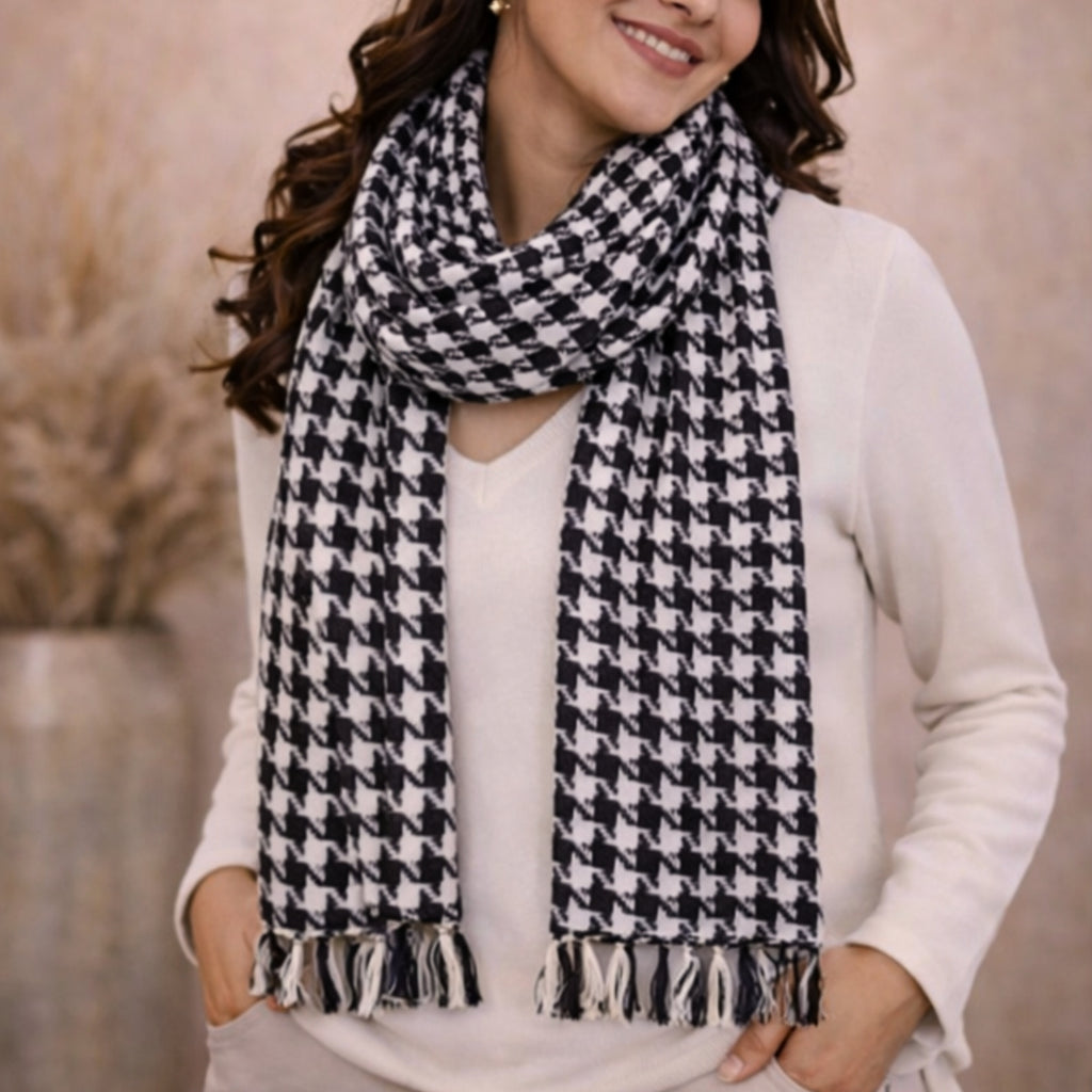 Classic Black & White Houndstooth Print Scarf