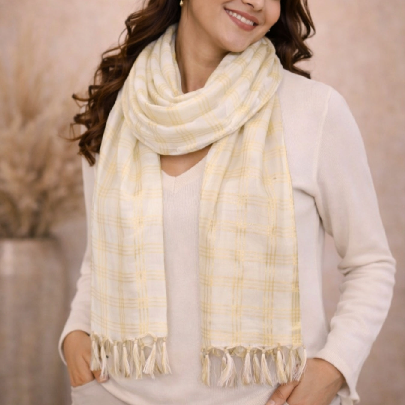 Off-White & Gold Zari Scarf For Women