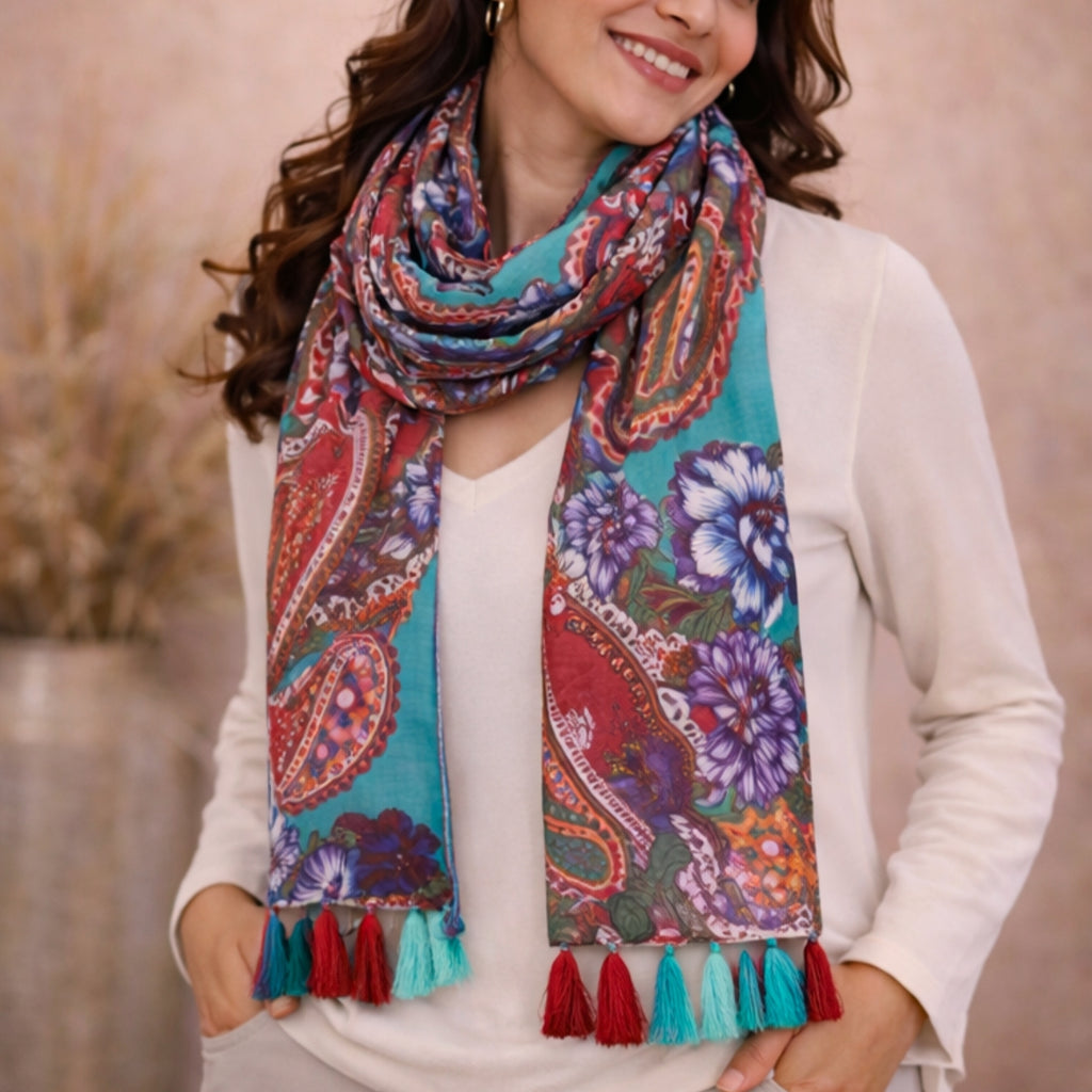 Multicolor Vibrant Floral & Paisley Print Scarf
