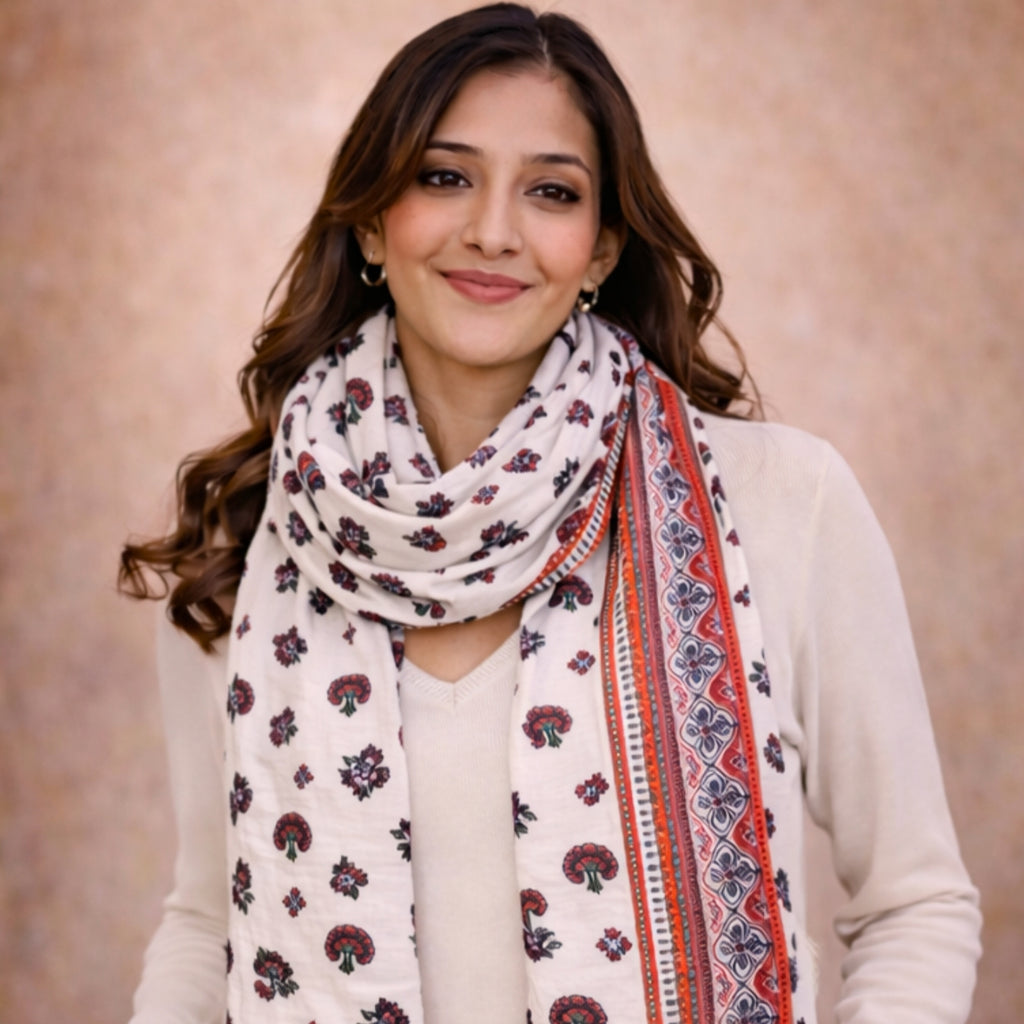Vibrant Red & White Floral Print Scarf