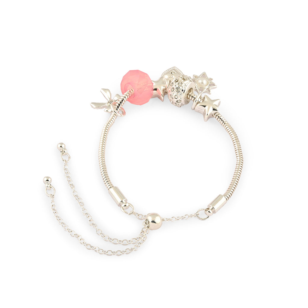Silver-Toned Minimal Multi Charm Bracelet with Pink Bead
