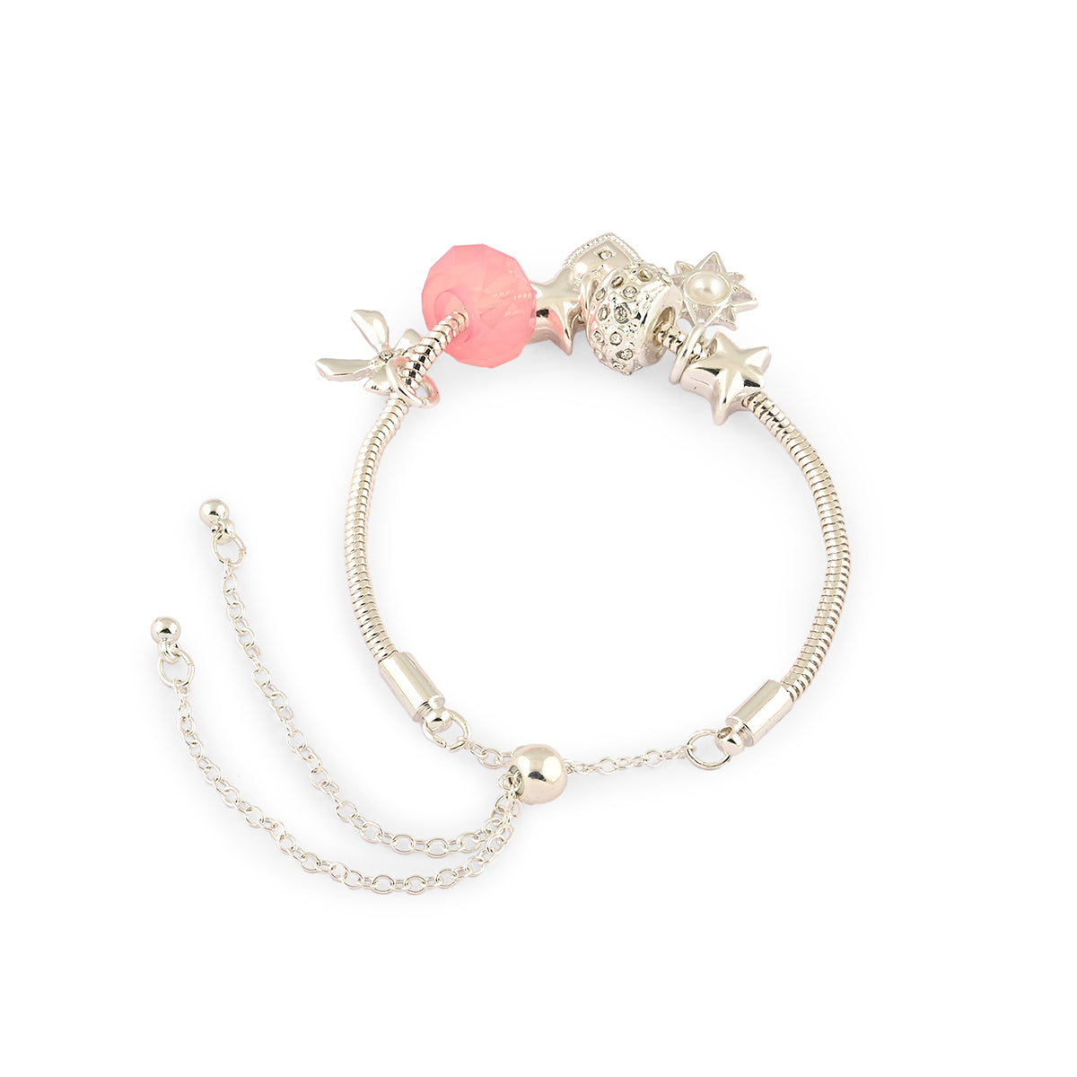 Silver-Toned Minimal Multi Charm Bracelet with Pink Bead