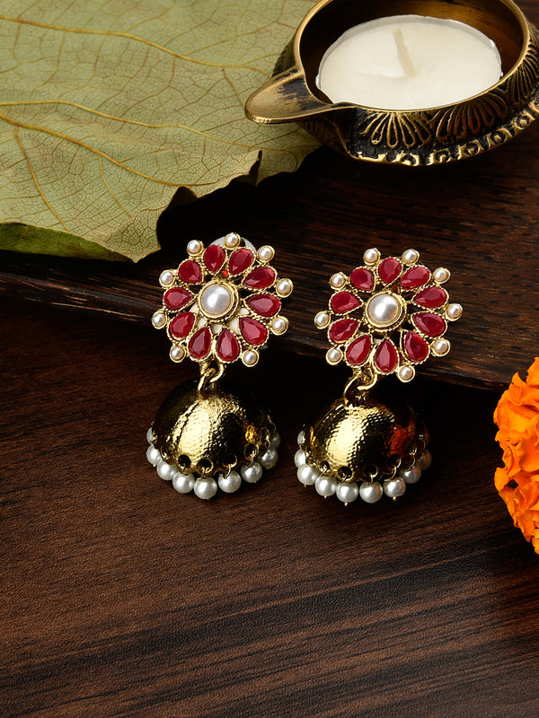 Pink & Gold-Toned Floral Handcrafted Jhumkas