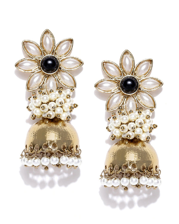 Golden & Off-White Beaded Jhumka Earrings