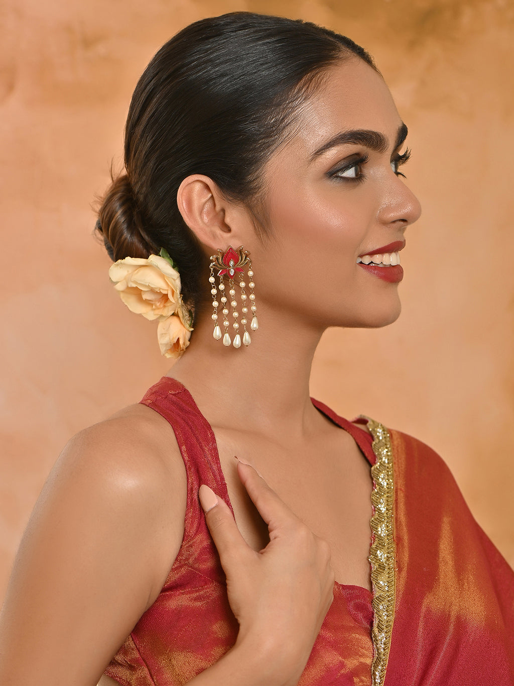 Padma-Raagini Fuschia Pearl Tasselled Floral Drop Earrings