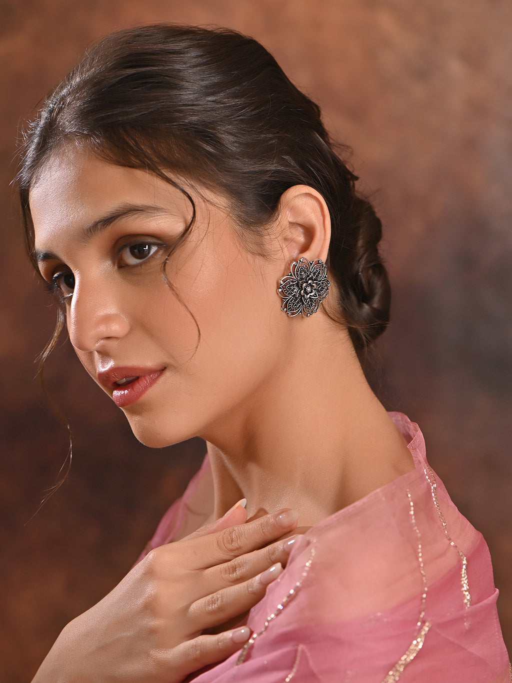 Floral Silver Oxidised Stud Earrings