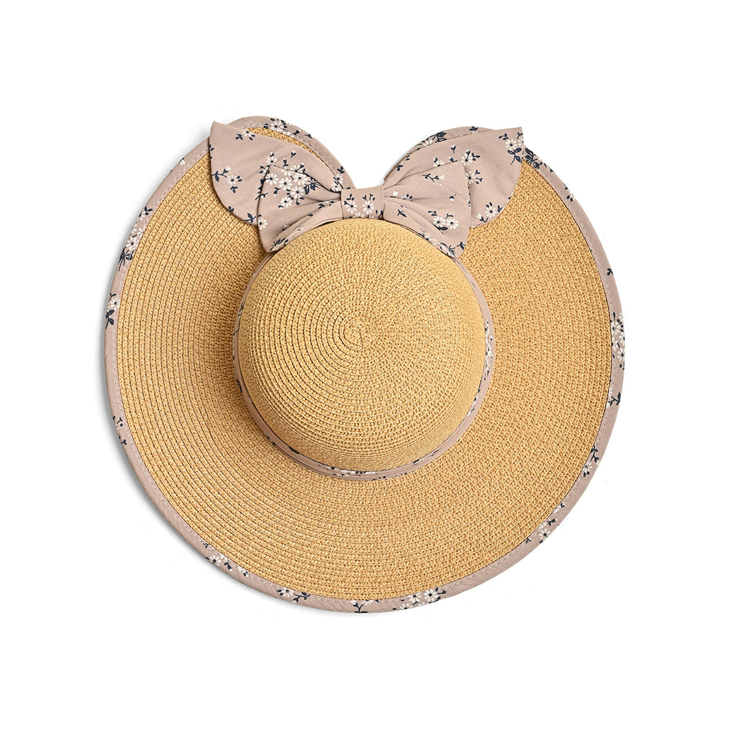 Brown Woven Straw Sun Hat with Floral Bow Back Detail