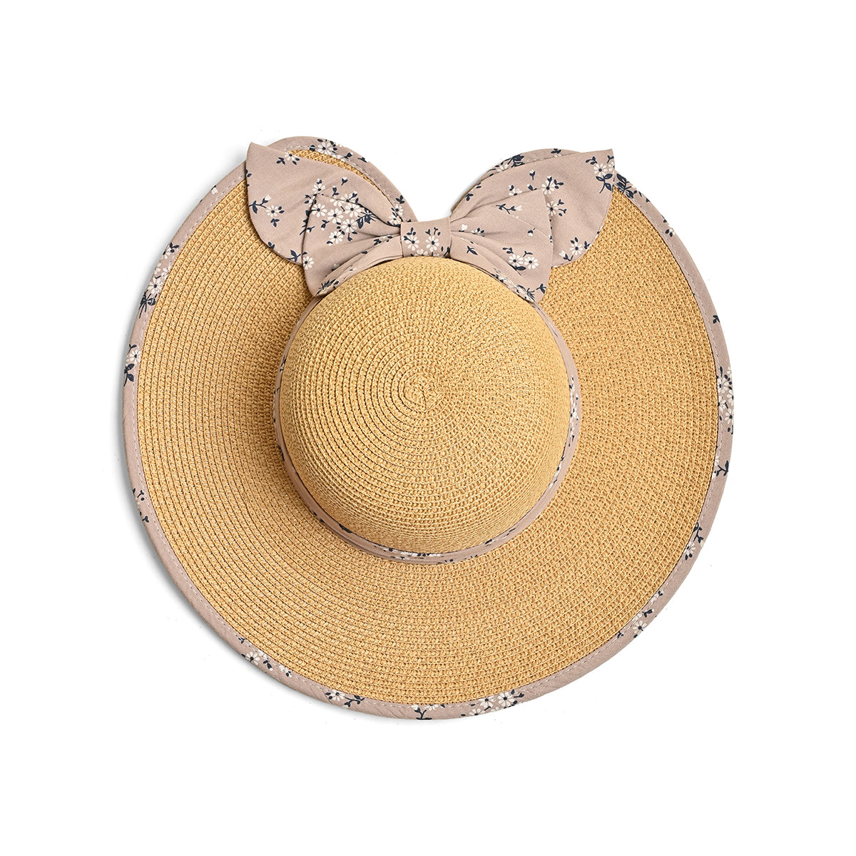 Brown Woven Straw Sun Hat with Floral Bow Back Detail