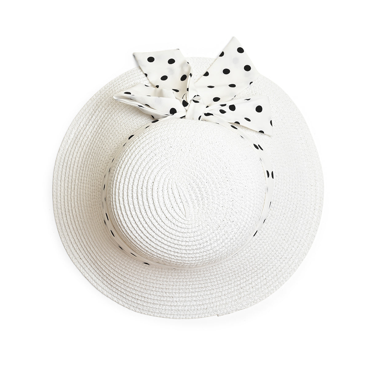 White Woven Straw Sun Hat with Polka Dot Bow Scarf