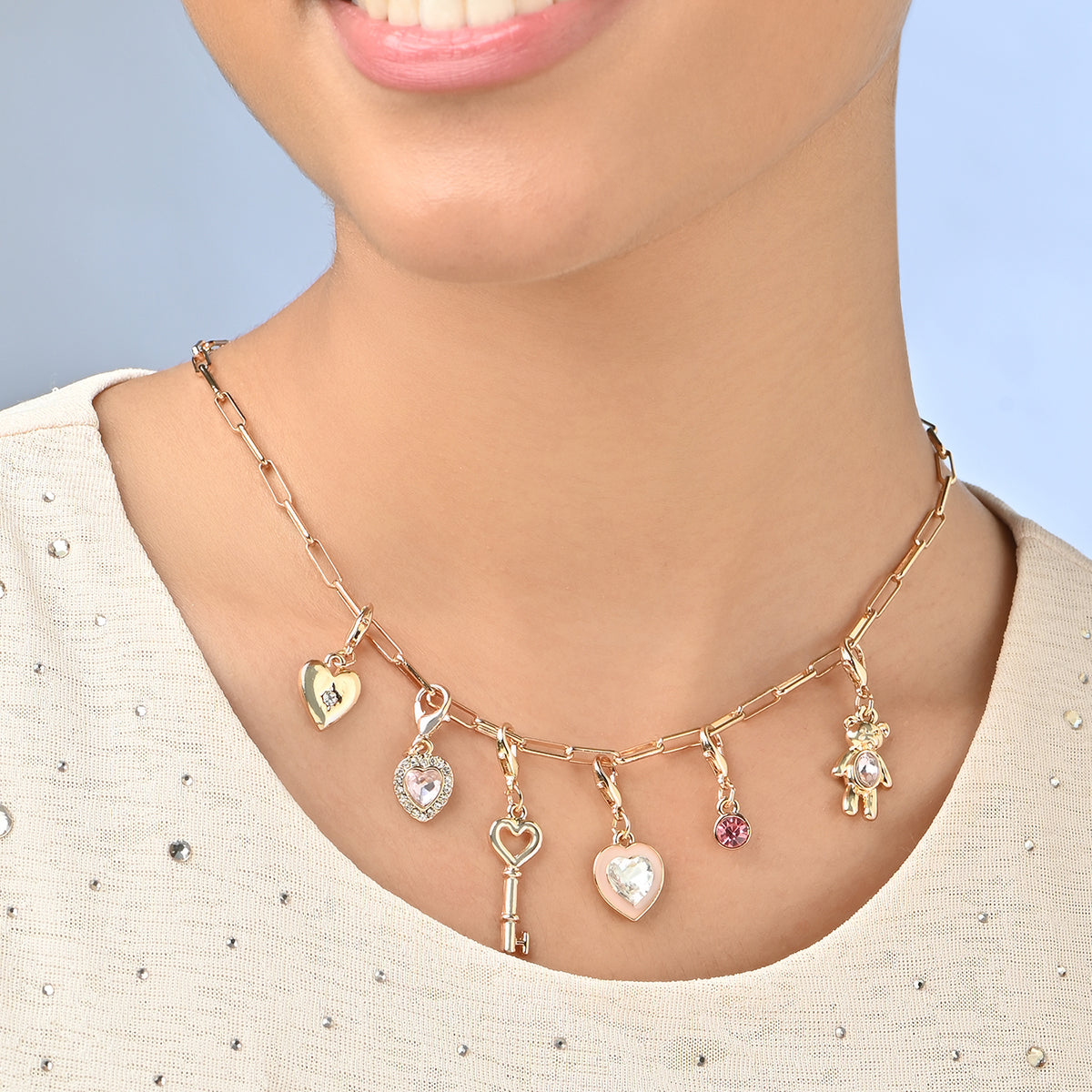 Golden Link Chain Necklace with 7 Interchangeable Charms