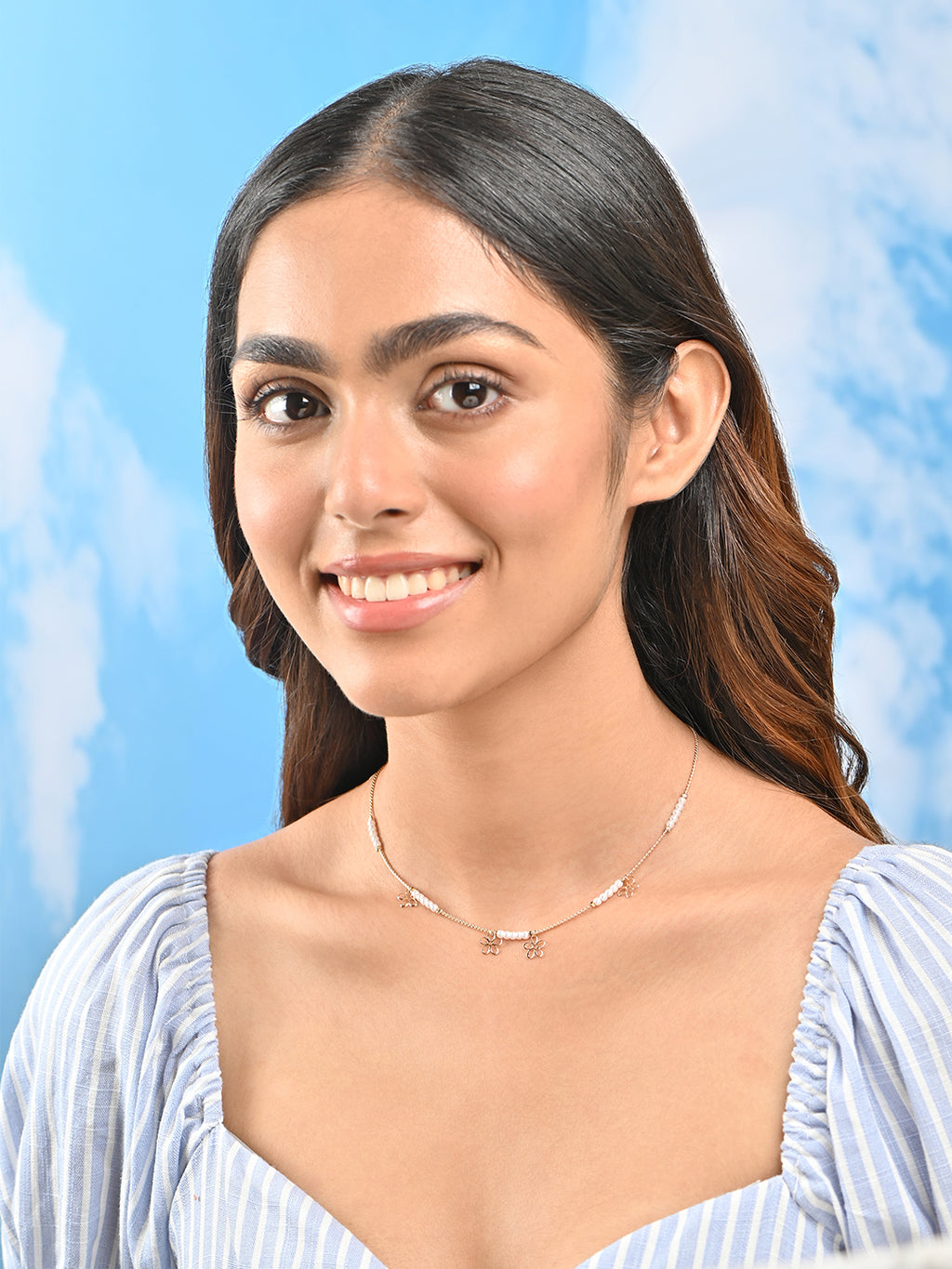 Floral Charm & White Beaded Delicate Gold Necklace