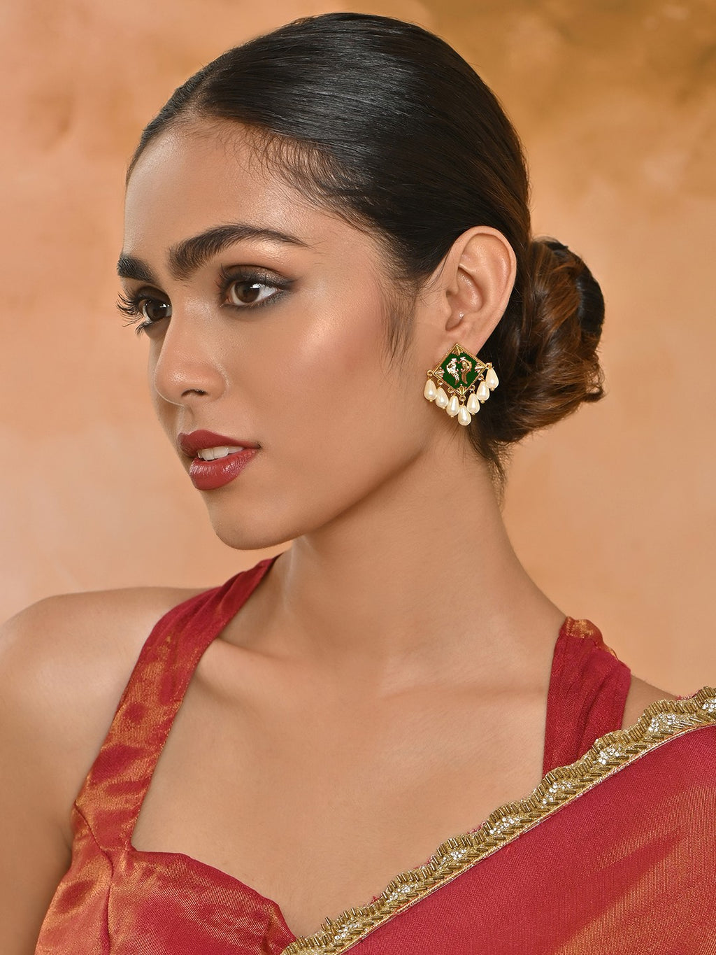 Noorani Green Meenakari Pearl Studs Earrings