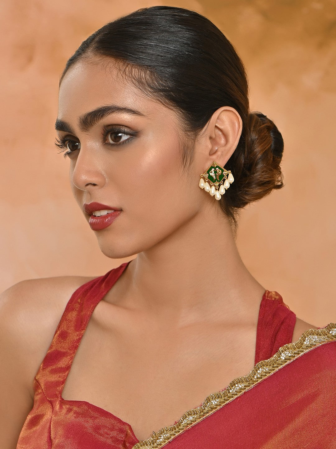 Noorani Green Meenakari Pearl Studs Earrings