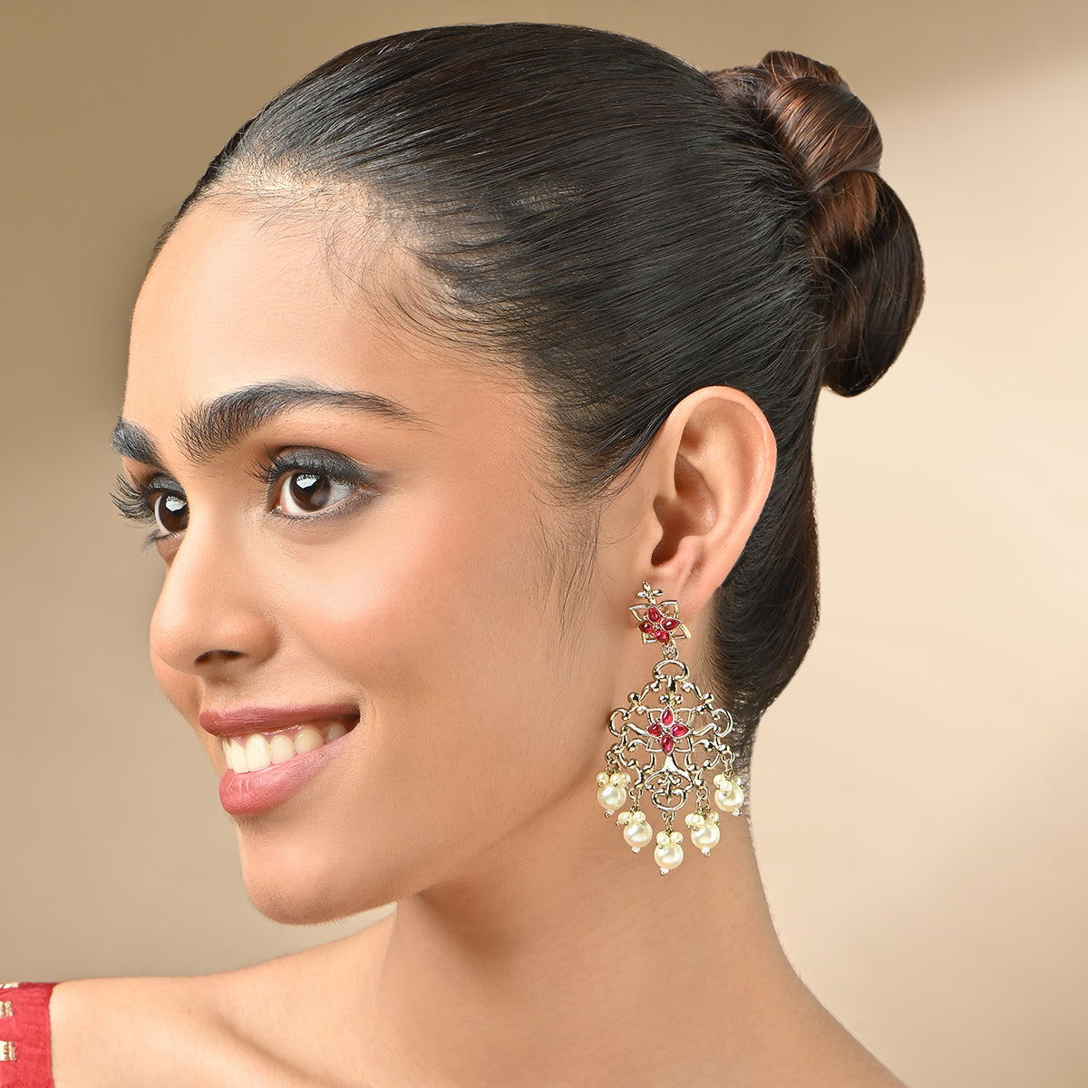 Gold-Tone Red Stone & Pearl Drop Earrings