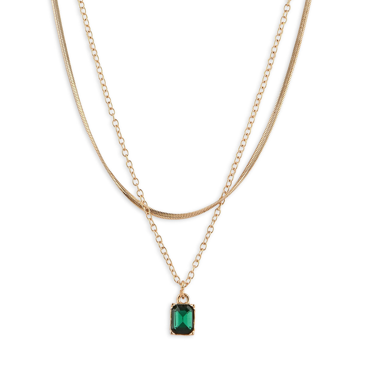Golden Layered Necklace with Green Square AD Pendant