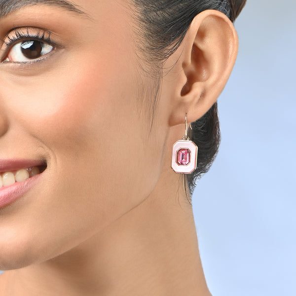 Gold & Pink Stone Drop Earrings