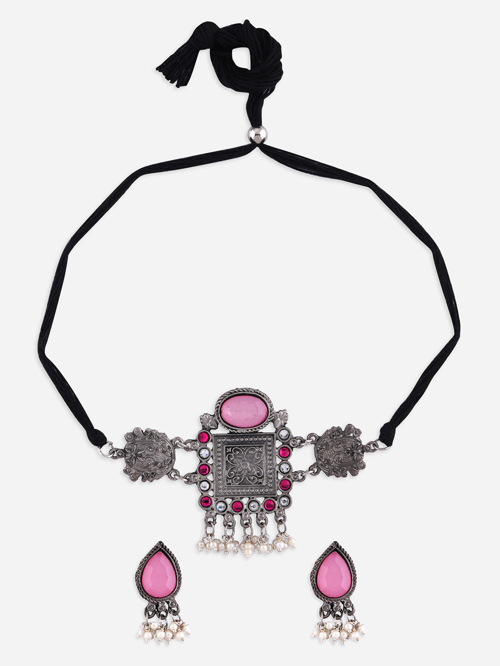 Multicolor Stones Silver Plated Oxidised Geometric Choker Set