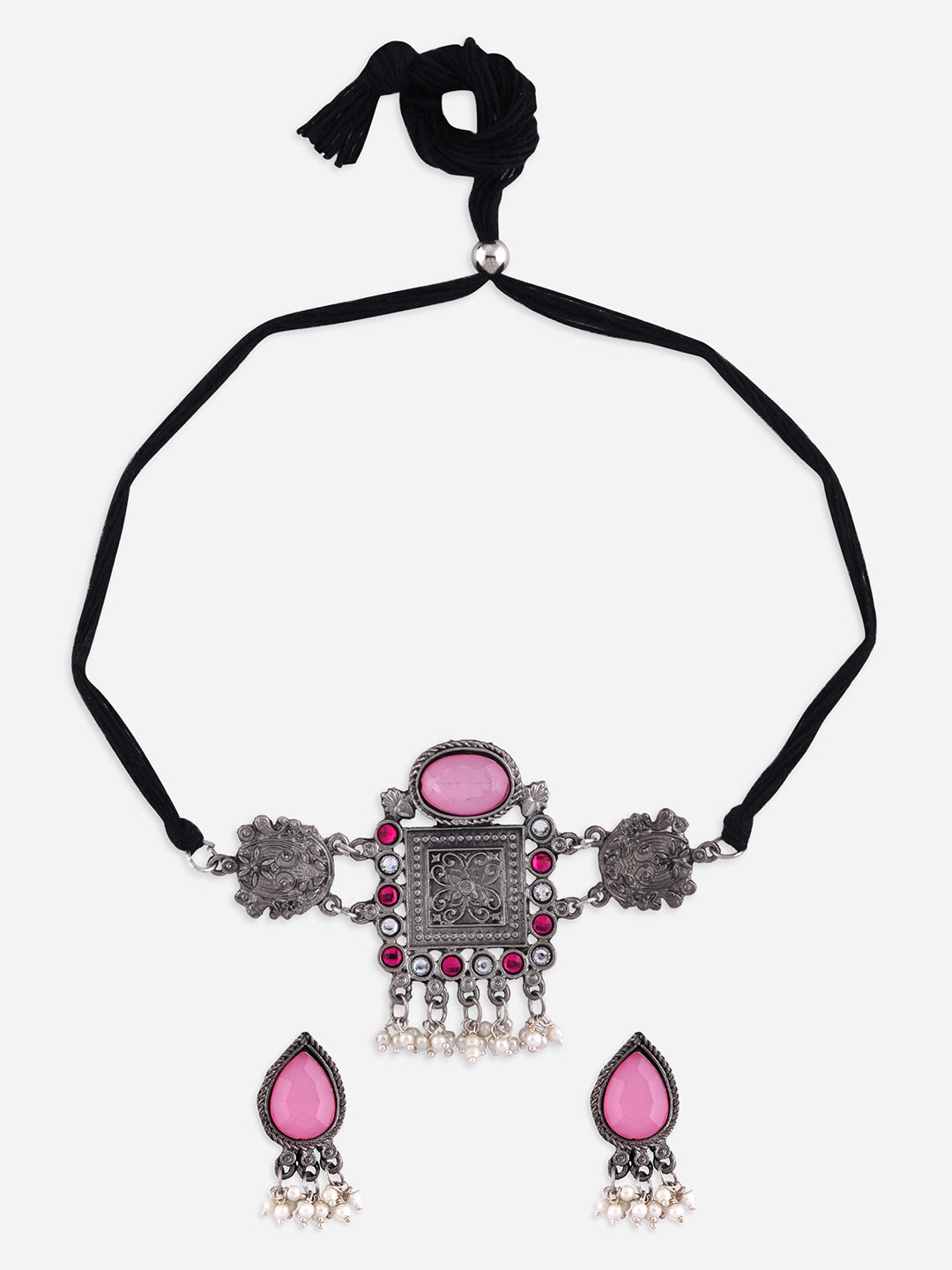Multicolor Stones Silver Plated Oxidised Geometric Choker Set