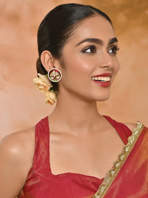 Gul-Rang Meenakari Twin Peacock Pearl Border Stud Earrings